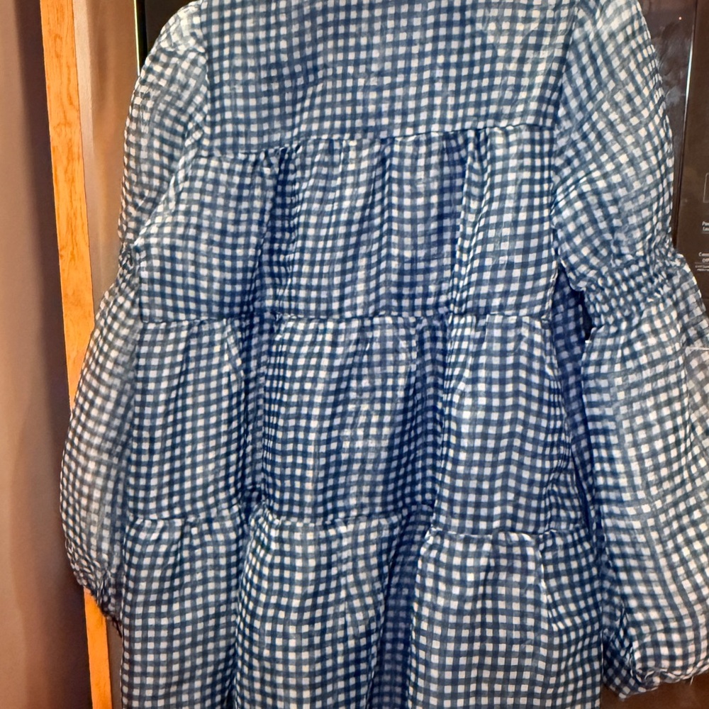Listicle navy plaid button-down sheer tiered mini dress with puff sleeves.  Sz M - Picture 10 of 15